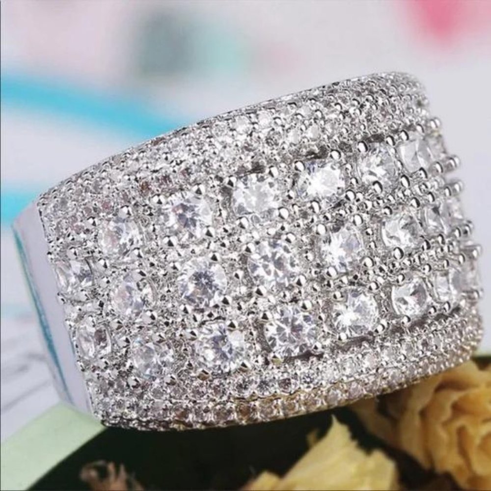 PAVE WIDE BAND 925 STERLING SILVER ROUND DIAMOND RING - Picture 7 of 8